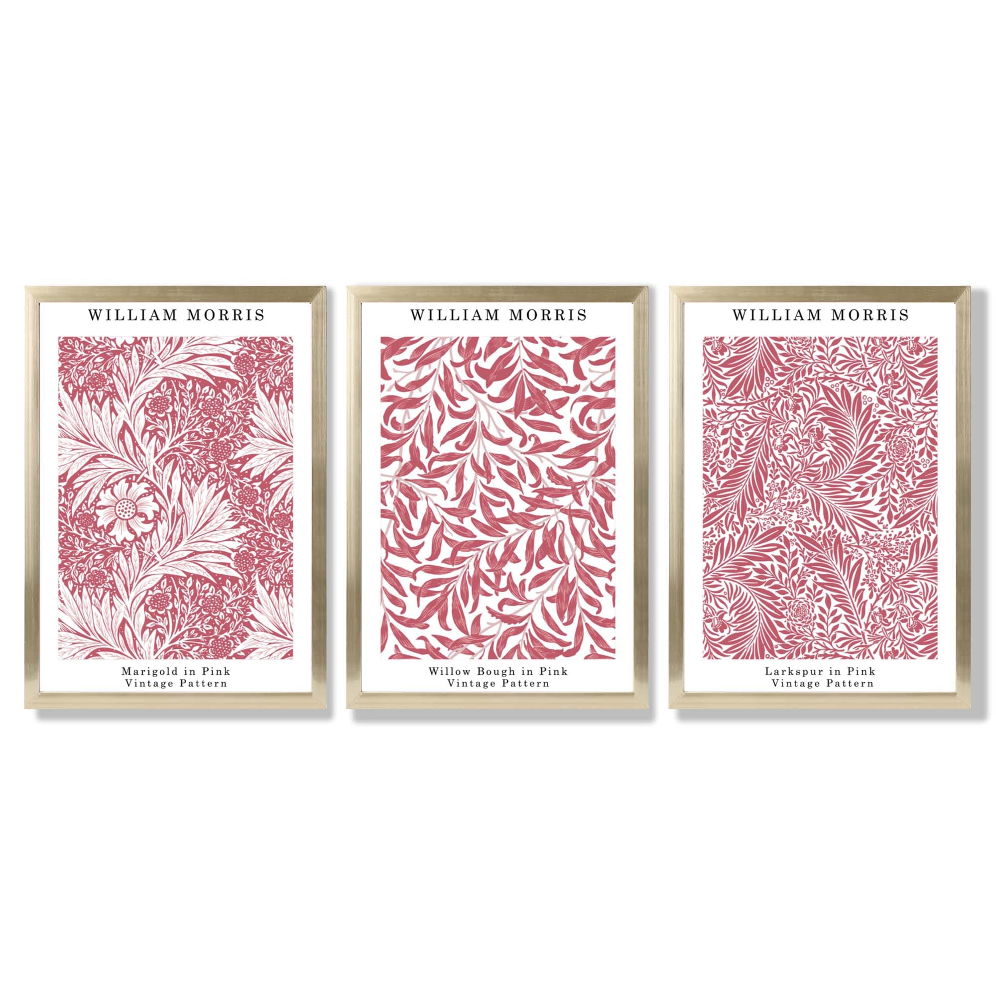 Set of 3 Raspberry Pink Floral William Morris Framed Art Prints with Gold Wood Frames