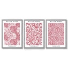 Set of 3 Raspberry Pink Floral William Morris Framed Art Prints with Light Grey Wooden Frames