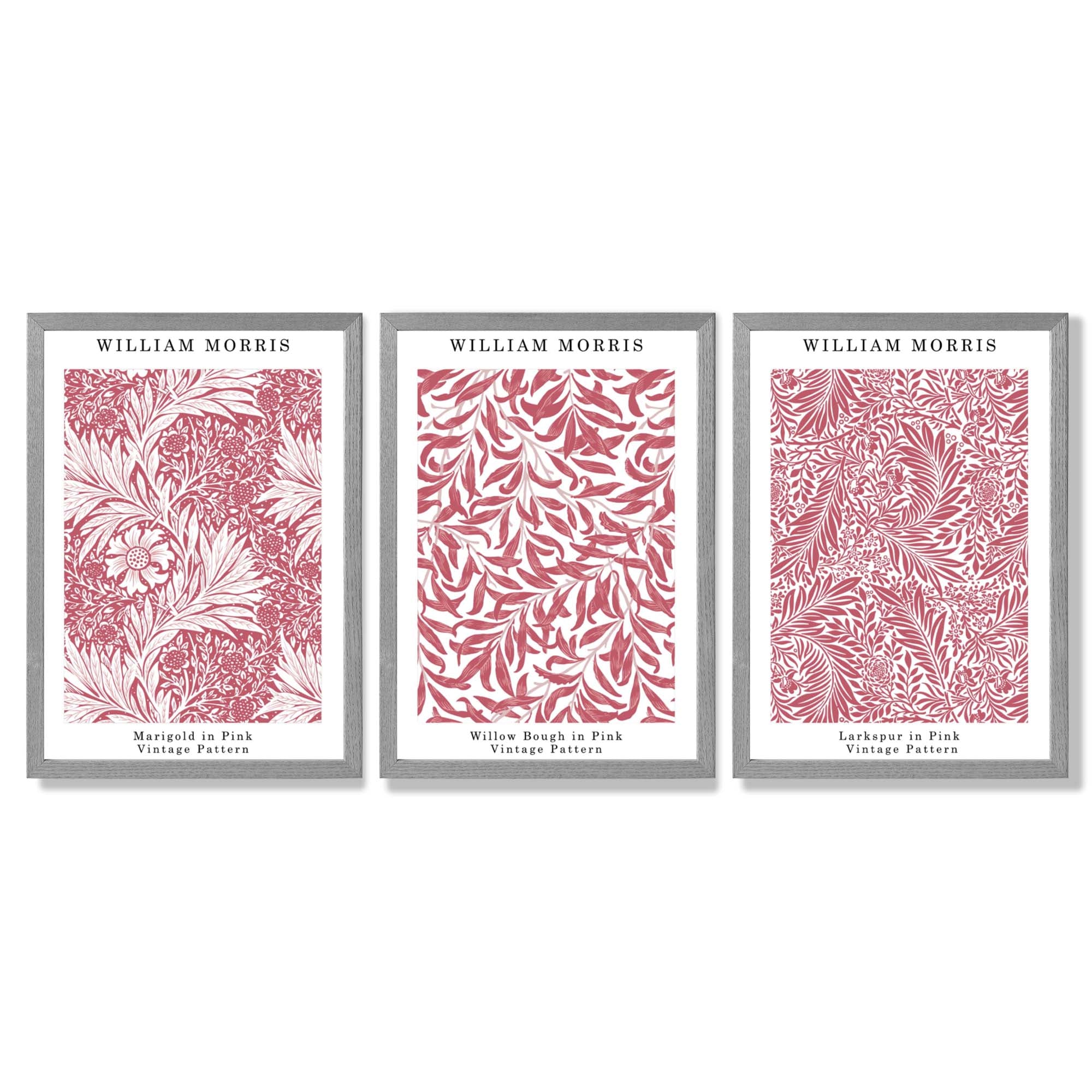 Set of 3 Raspberry Pink Floral William Morris Framed Art Prints with Light Grey Wooden Frames