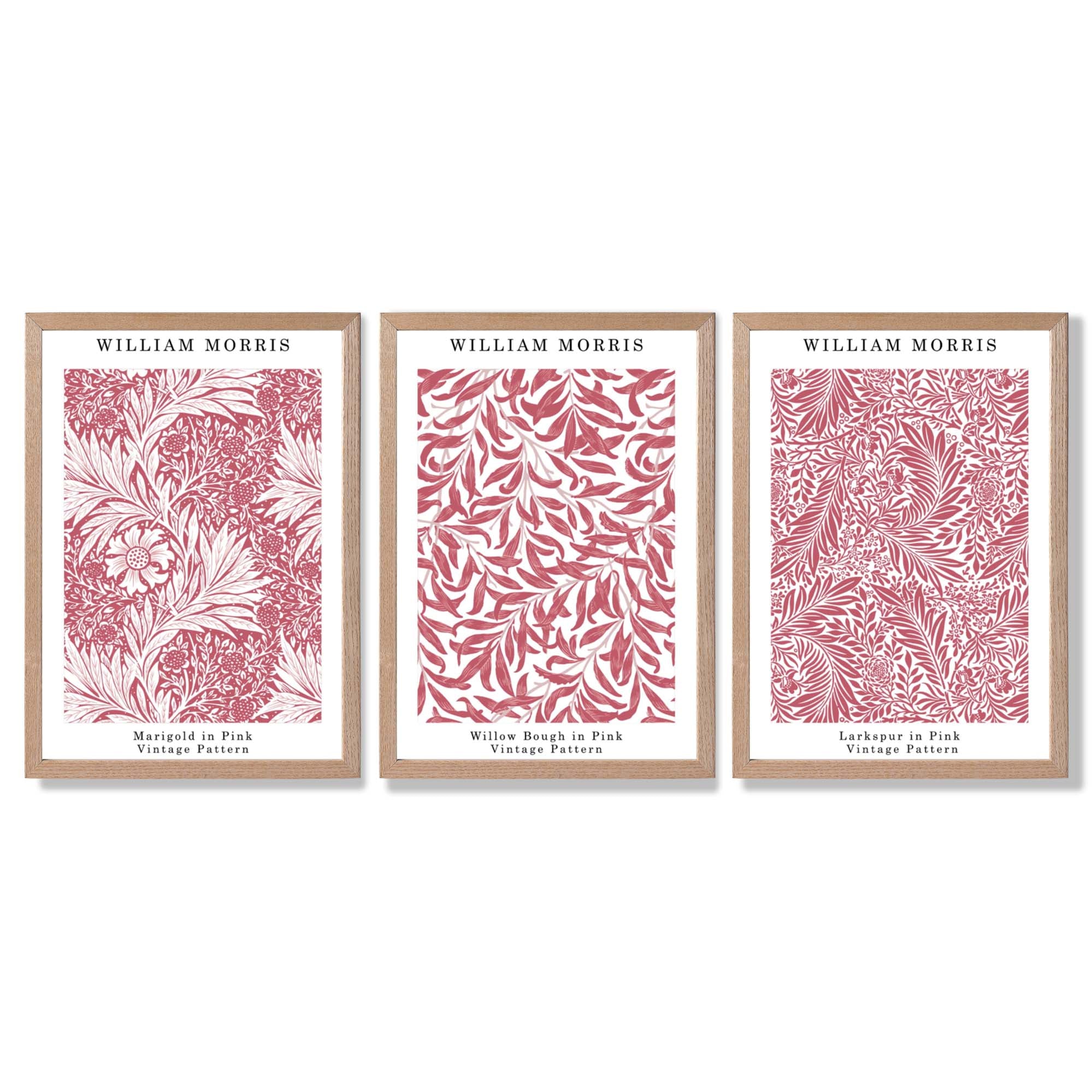 Set of 3 Raspberry Pink Floral William Morris Framed Art Prints with Light Oak Frames