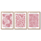 Set of 3 Raspberry Pink Floral William Morris Framed Art Prints with Light Oak Frames