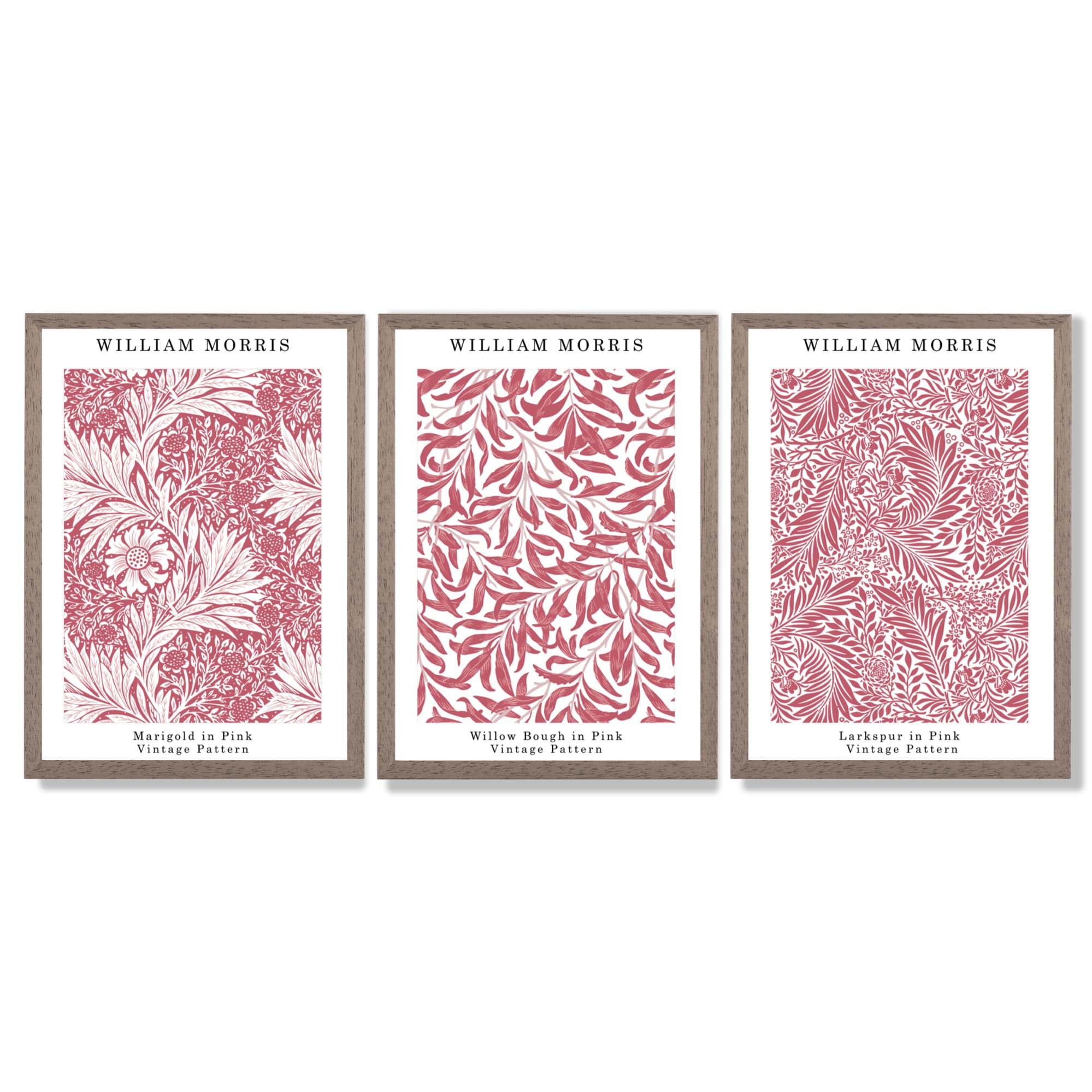Set of 3 Raspberry Pink Floral William Morris Framed Art Prints with Light Walnut Frames