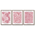 Set of 3 Raspberry Pink Floral William Morris Framed Art Prints with Light Walnut Frames