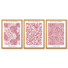 Set of 3 Raspberry Pink Floral William Morris Framed Art Prints with Oak Wooden Frames