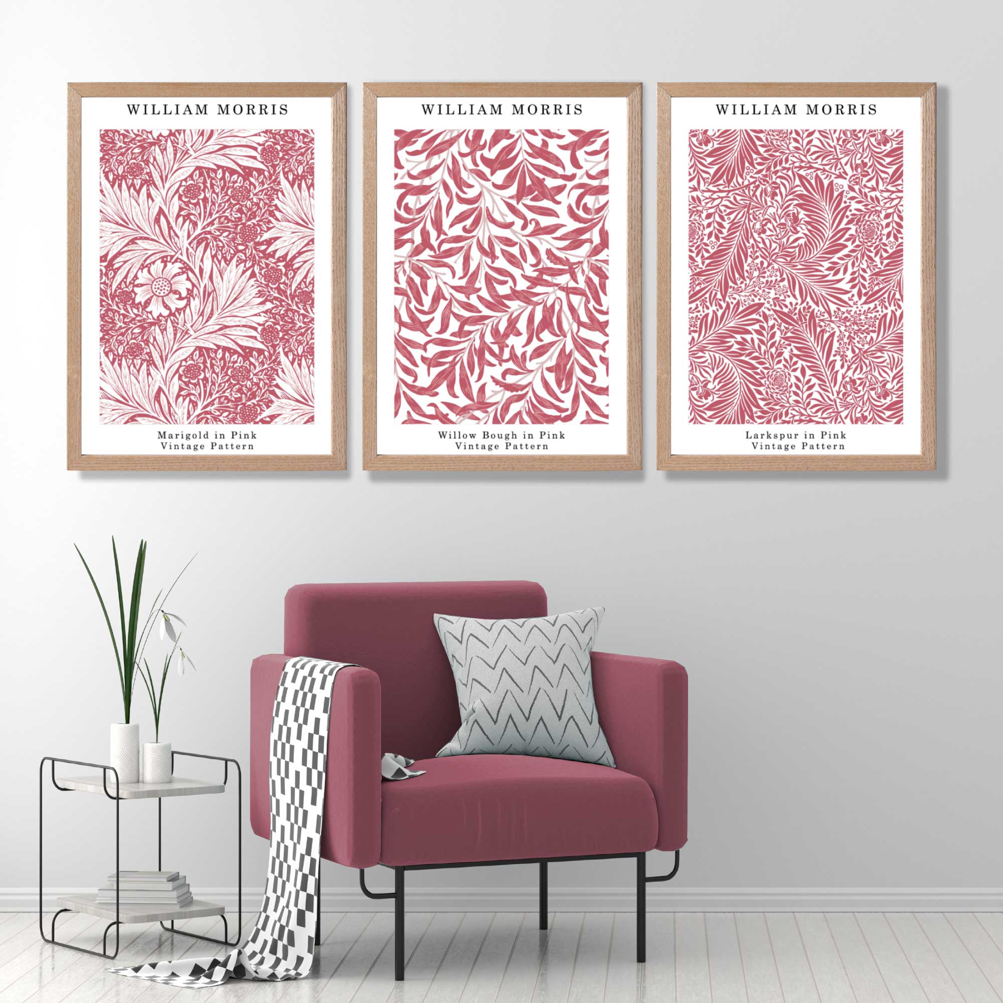 Set of 3 Raspberry Pink Floral William Morris Art Prints in Oak Frames | Artze UK