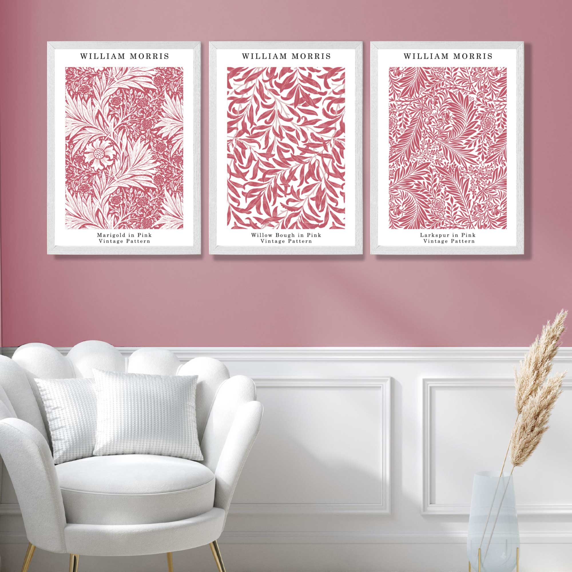 Set of 3 Raspberry Pink Floral William Morris Art Prints in White Frames | Artze UK