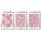 Set of 3 Raspberry Pink Floral William Morris Framed Art Prints with Silver Wood Frames