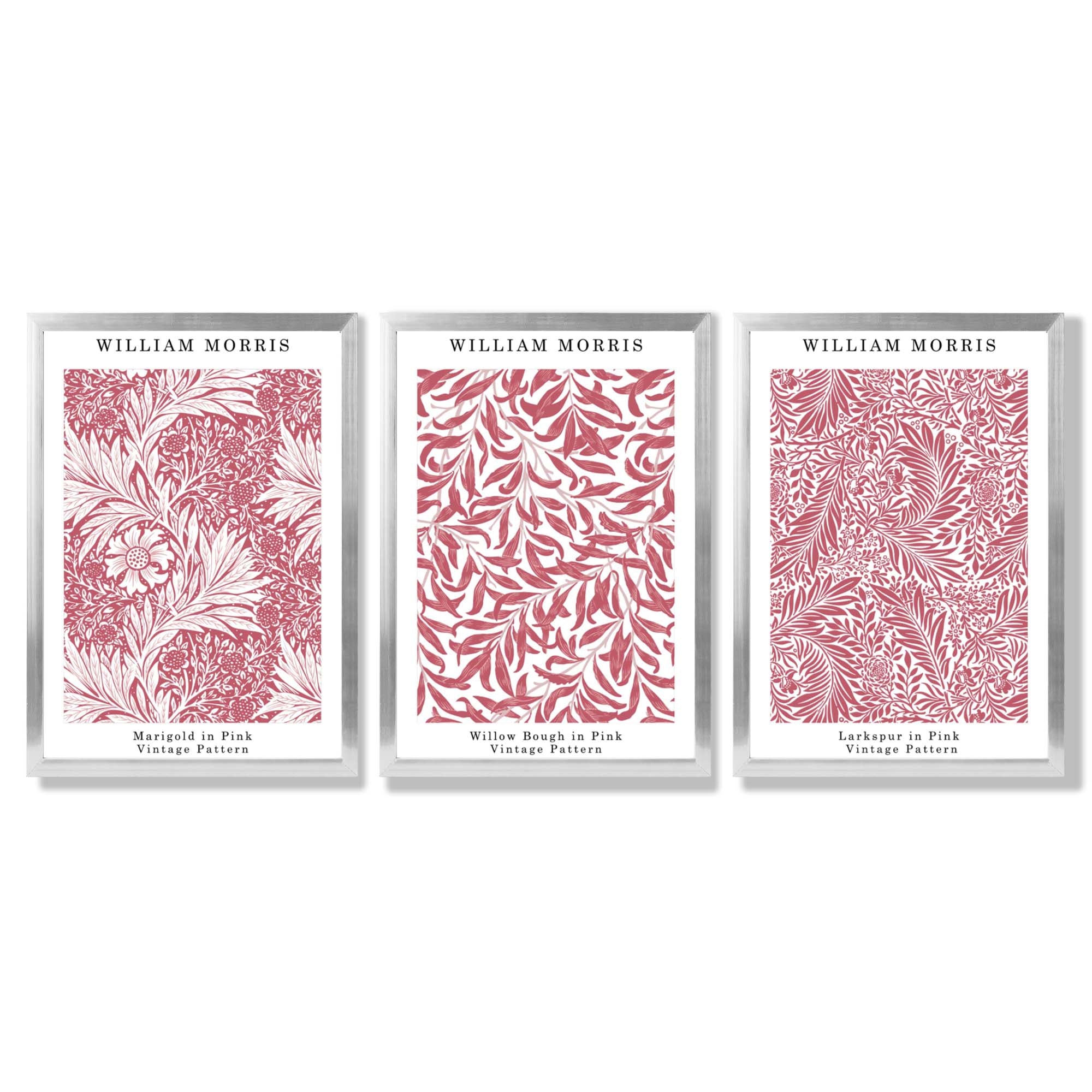 Set of 3 Raspberry Pink Floral William Morris Framed Art Prints with Silver Wood Frames