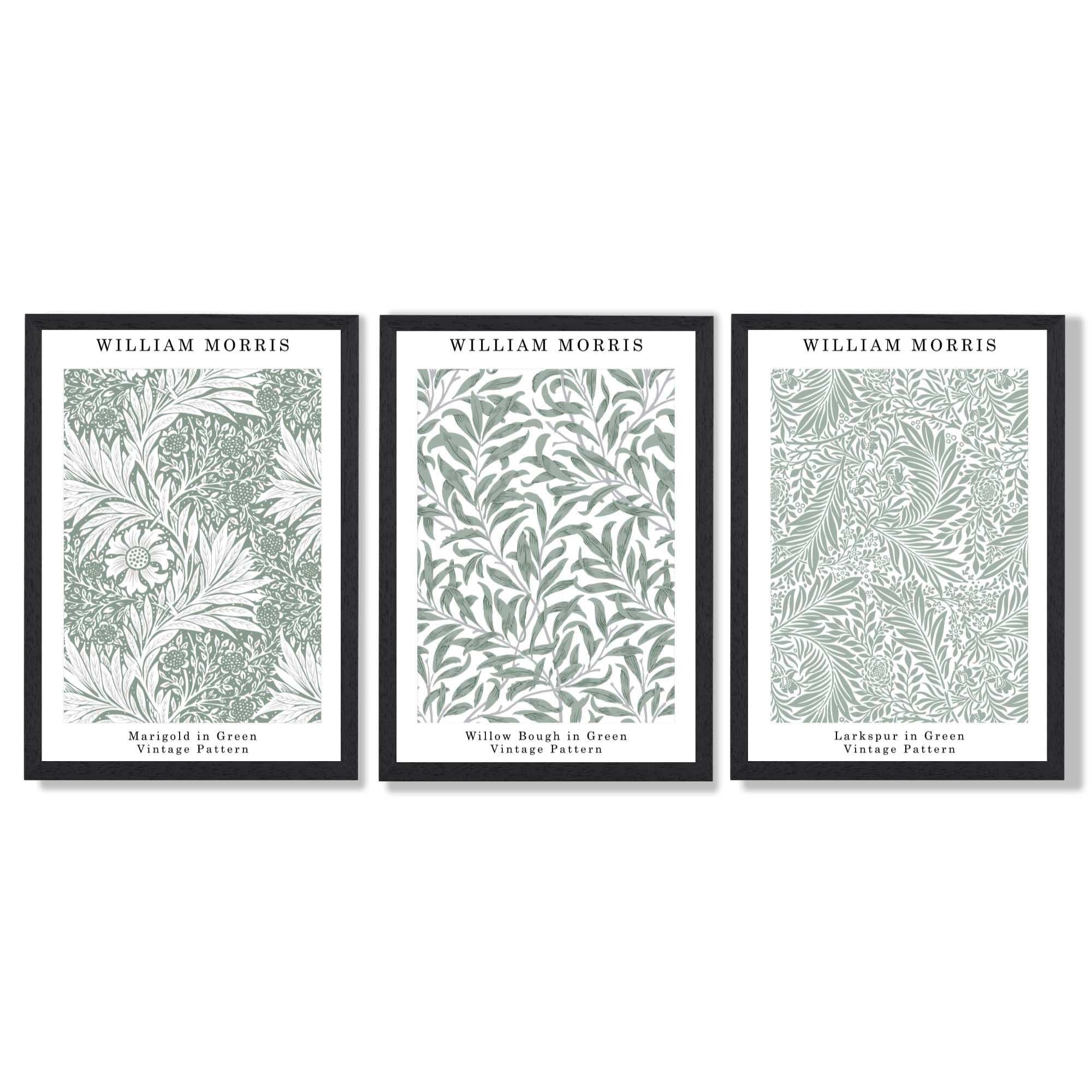 Set of 3 Sage Green Floral William Morris Framed Art Prints with Black Wooden Frames