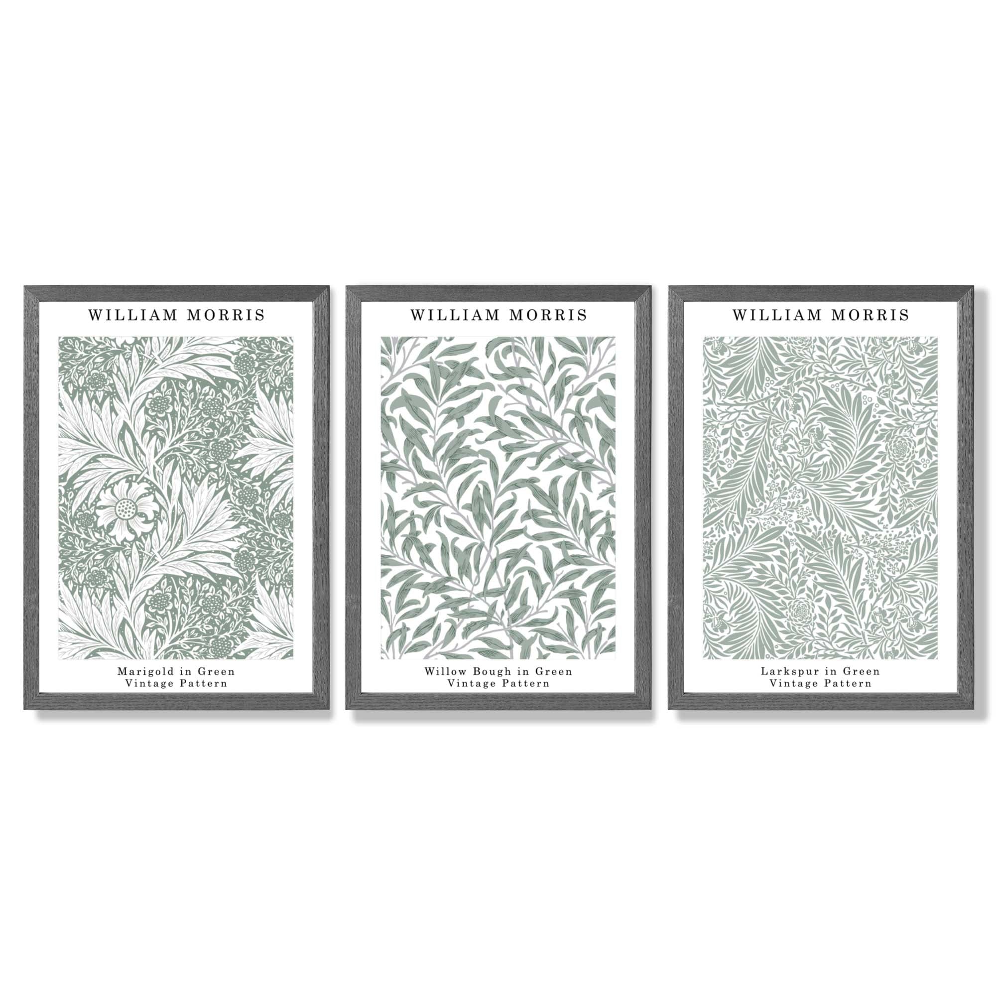 Set of 3 Sage Green Floral William Morris Framed Art Prints with Dark Grey Wooden Frames