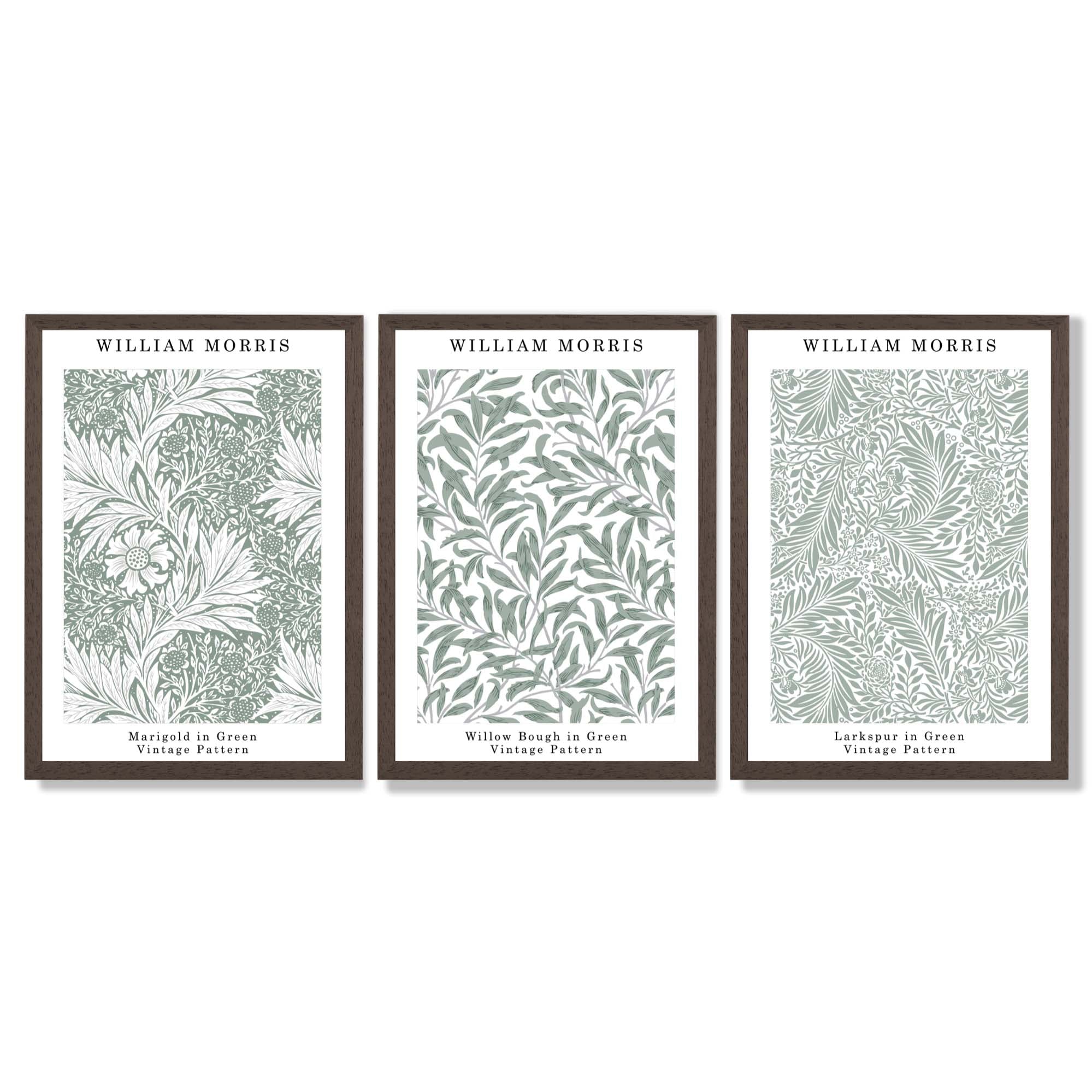 Set of 3 Sage Green Floral William Morris Framed Art Prints with Dark Wood Frames