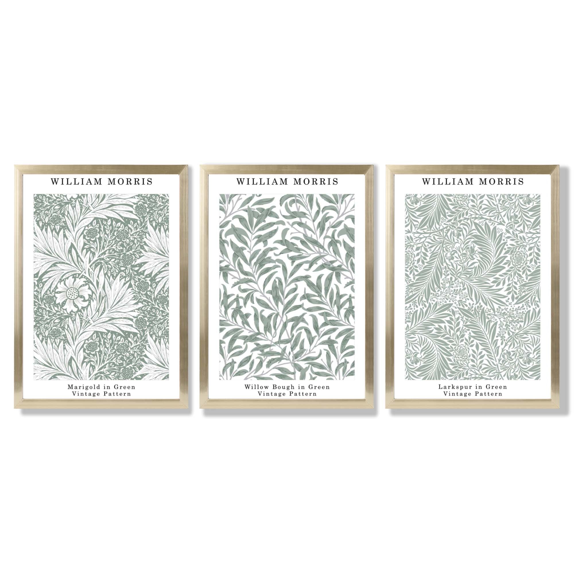 Set of 3 Sage Green Floral William Morris Framed Art Prints with Gold Wood Frames