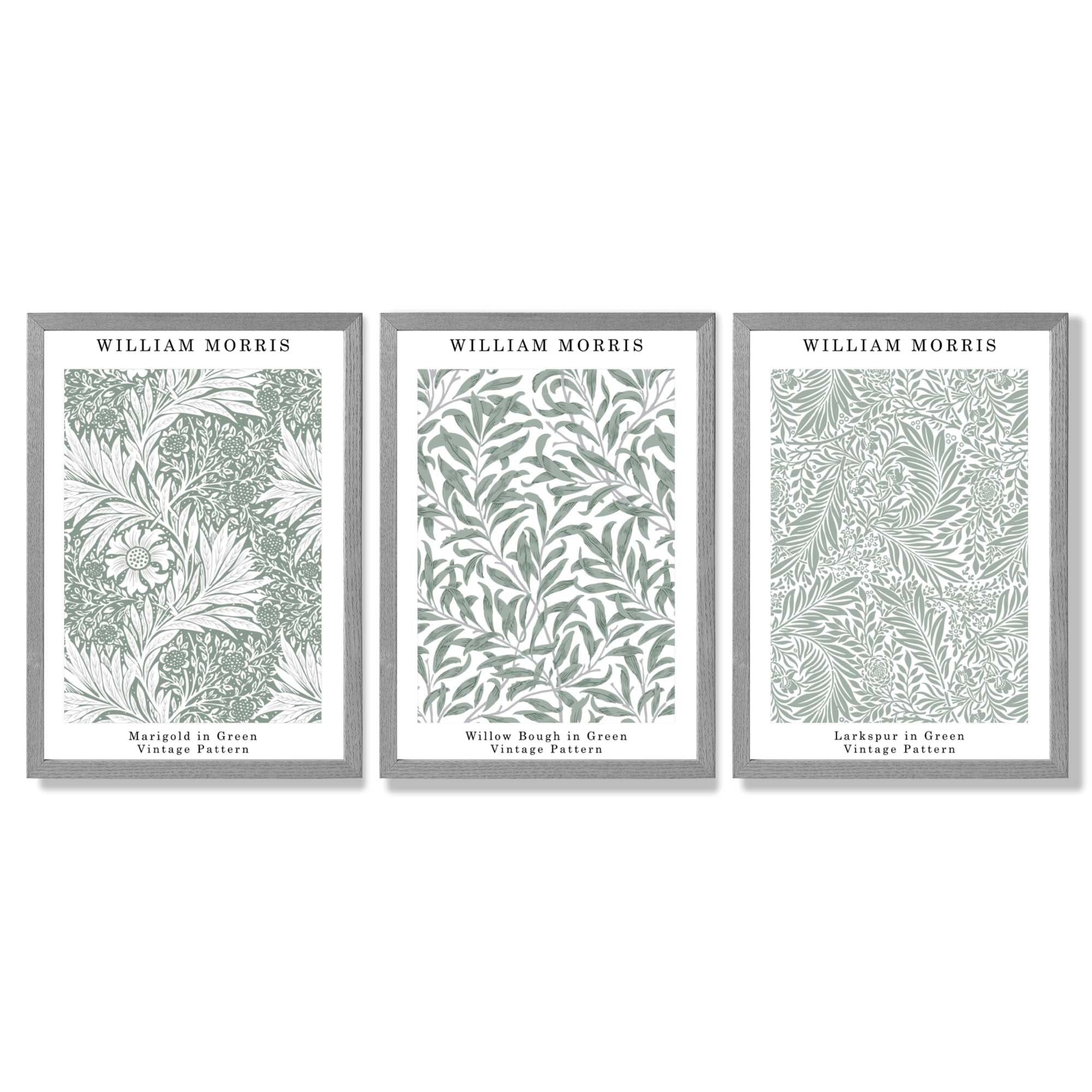 Set of 3 Sage Green Floral William Morris Framed Art Prints with Light Grey Wooden Frames
