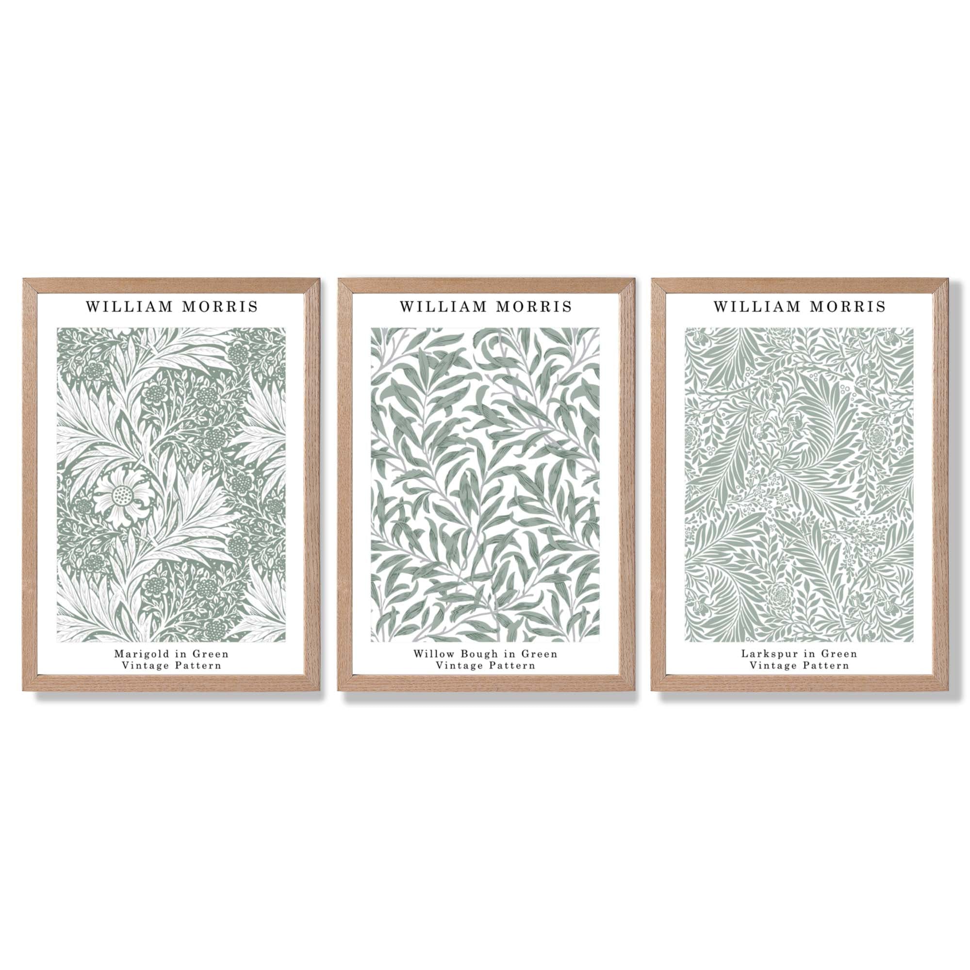 Set of 3 Sage Green Floral William Morris Framed Art Prints with Light Oak Frames