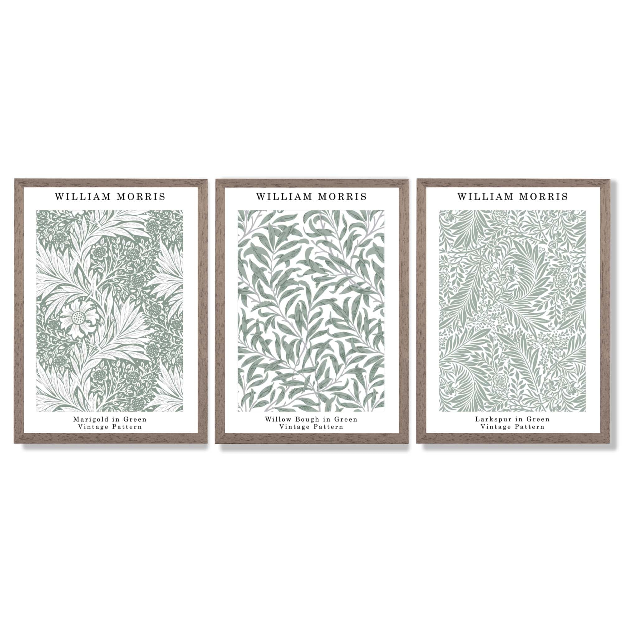 Set of 3 Sage Green Floral William Morris Framed Art Prints with Light Walnut Frames