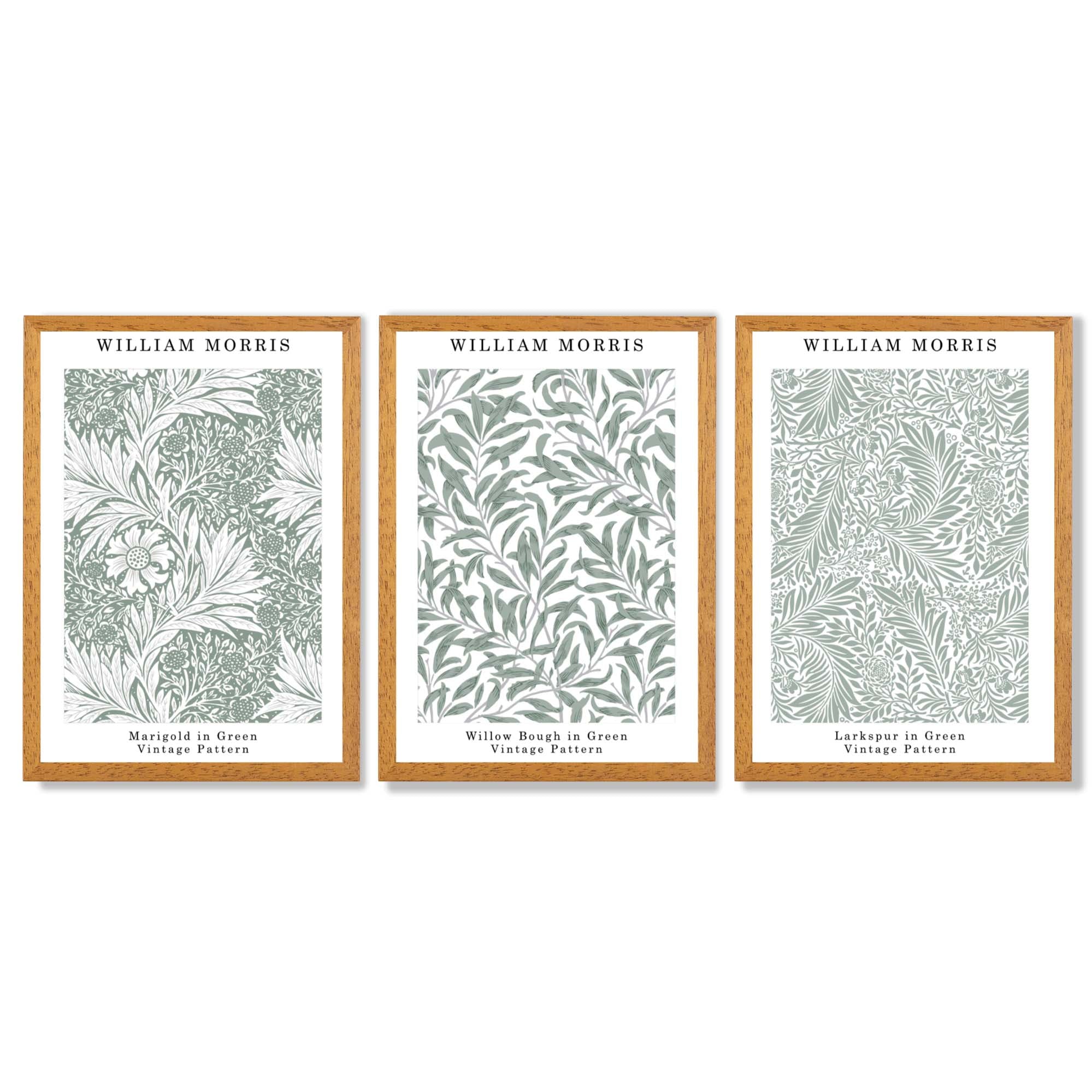 Set of 3 Sage Green Floral William Morris Framed Art Prints with Oak Wooden Frames