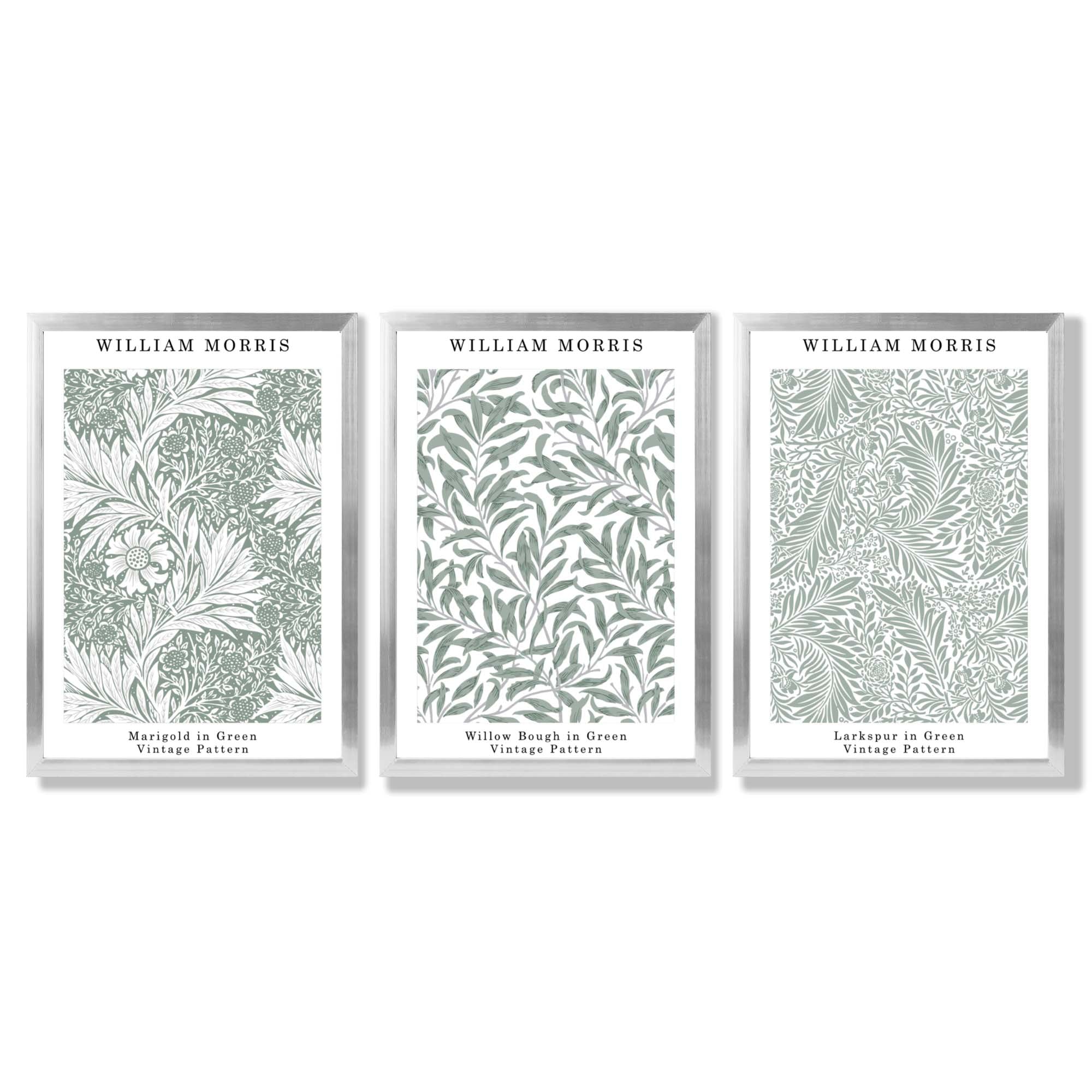 Set of 3 Sage Green Floral William Morris Framed Art Prints with Silver Wood Frames