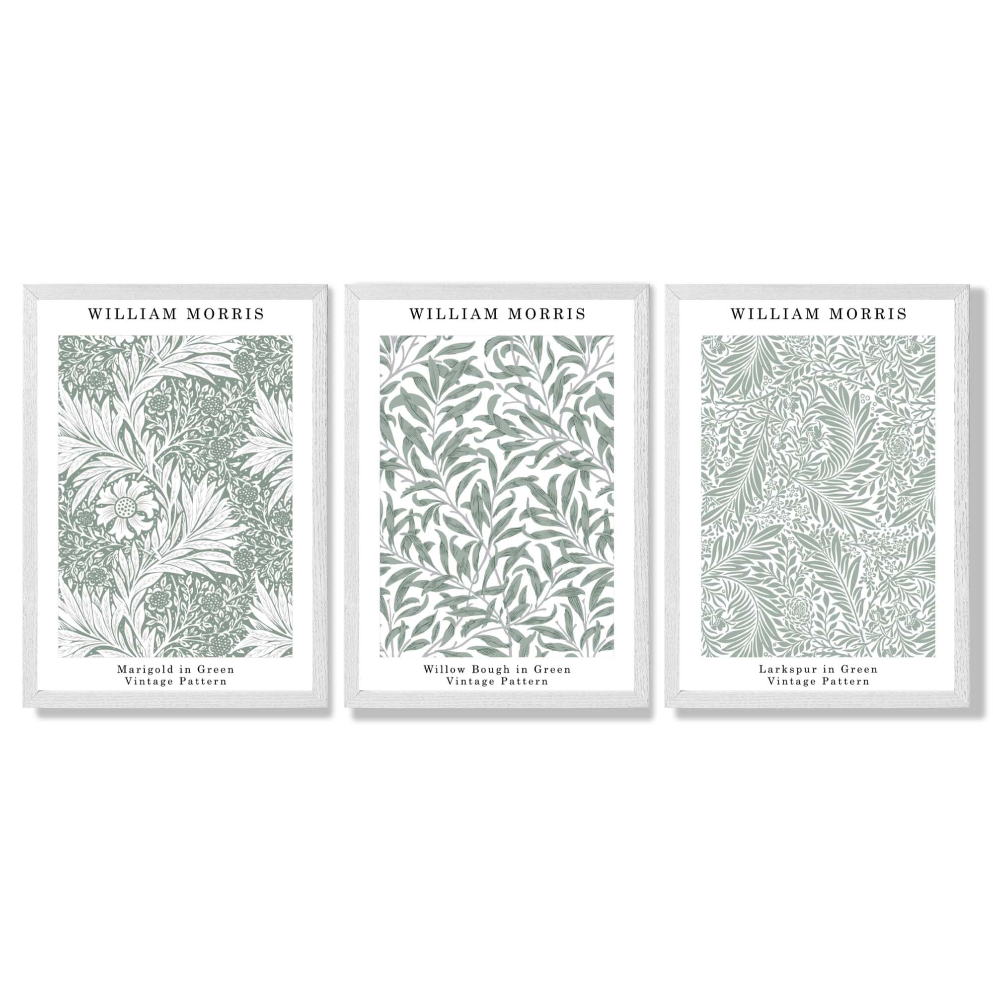 Set of 3 Sage Green Floral William Morris Framed Art Prints with White Wooden Frames