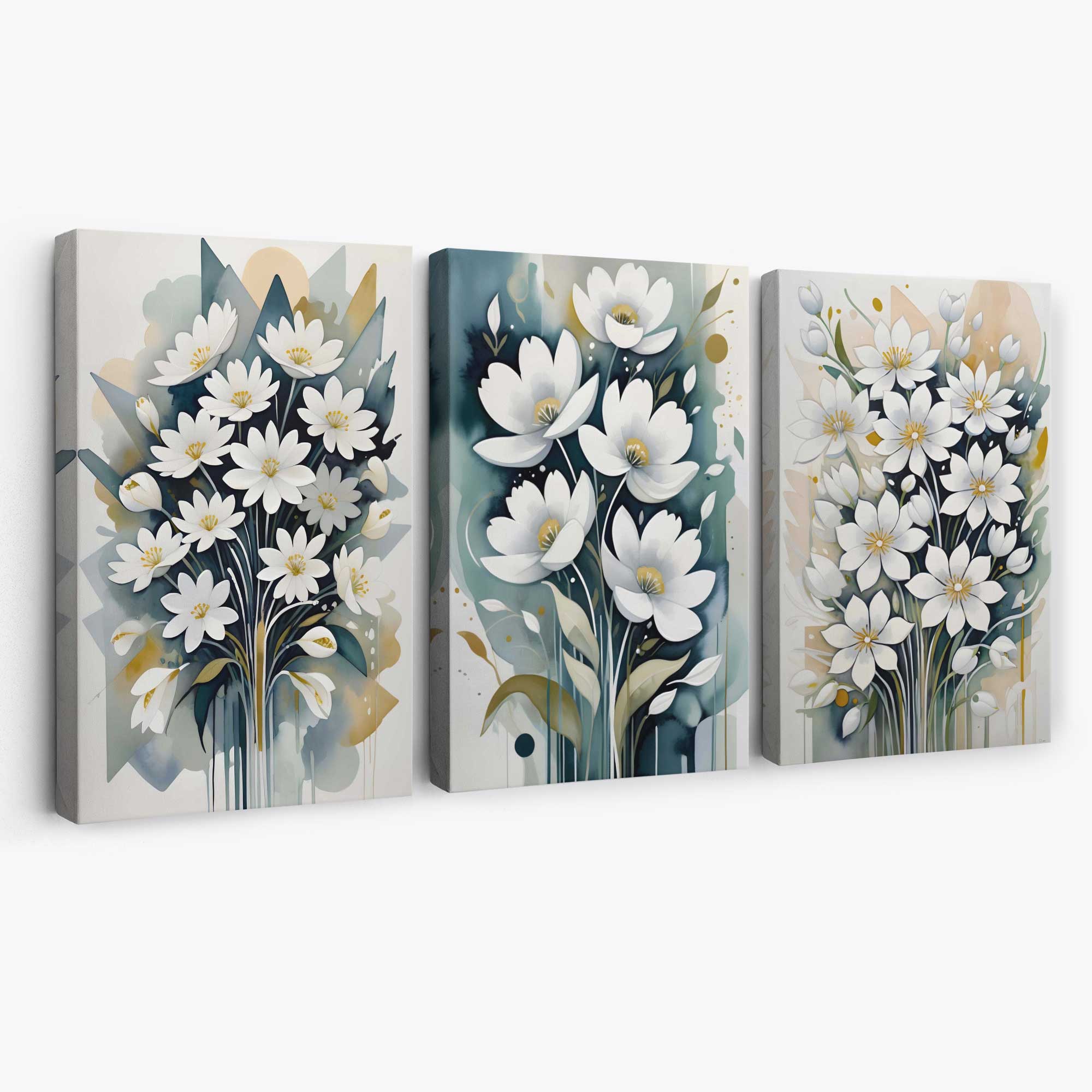 Abstract Teal Blue and White Flowers Set of 3 Canvas Art Prints | Artze Wall Art