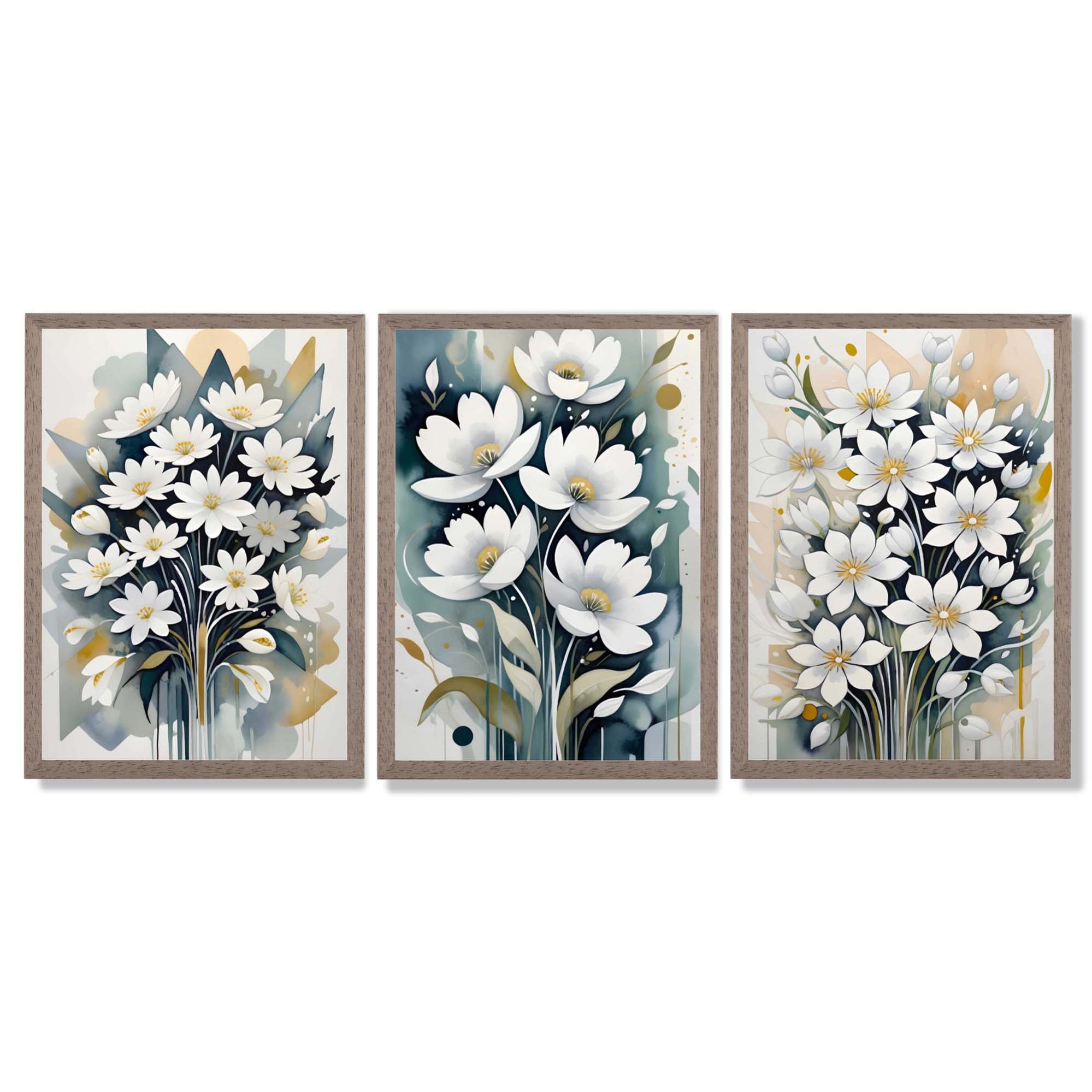 Abstract Teal Blue and White Flowers Set of 3 Framed Art Prints with Light Walnut Frames