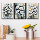 Abstract Teal Blue and White Flowers Set of 3 Art Prints in Black Frames | Artze UK