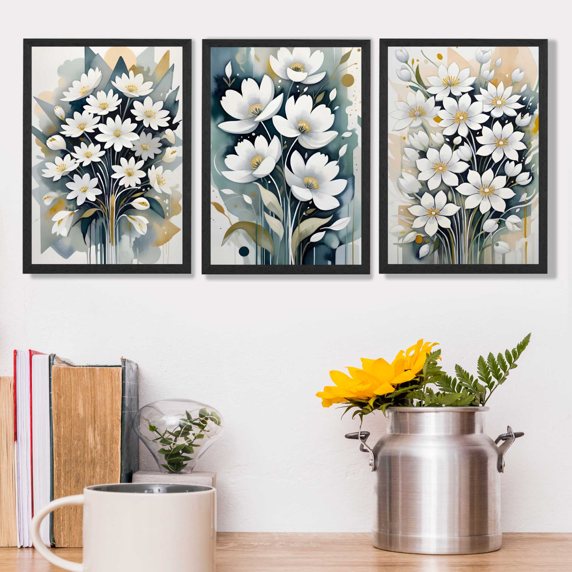 Abstract Teal Blue and White Flowers Set of 3 Art Prints in Black Frames | Artze UK