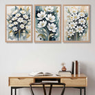 Abstract Teal Blue and White Flowers Set of 3 Art Prints in Oak Frames | Artze UK