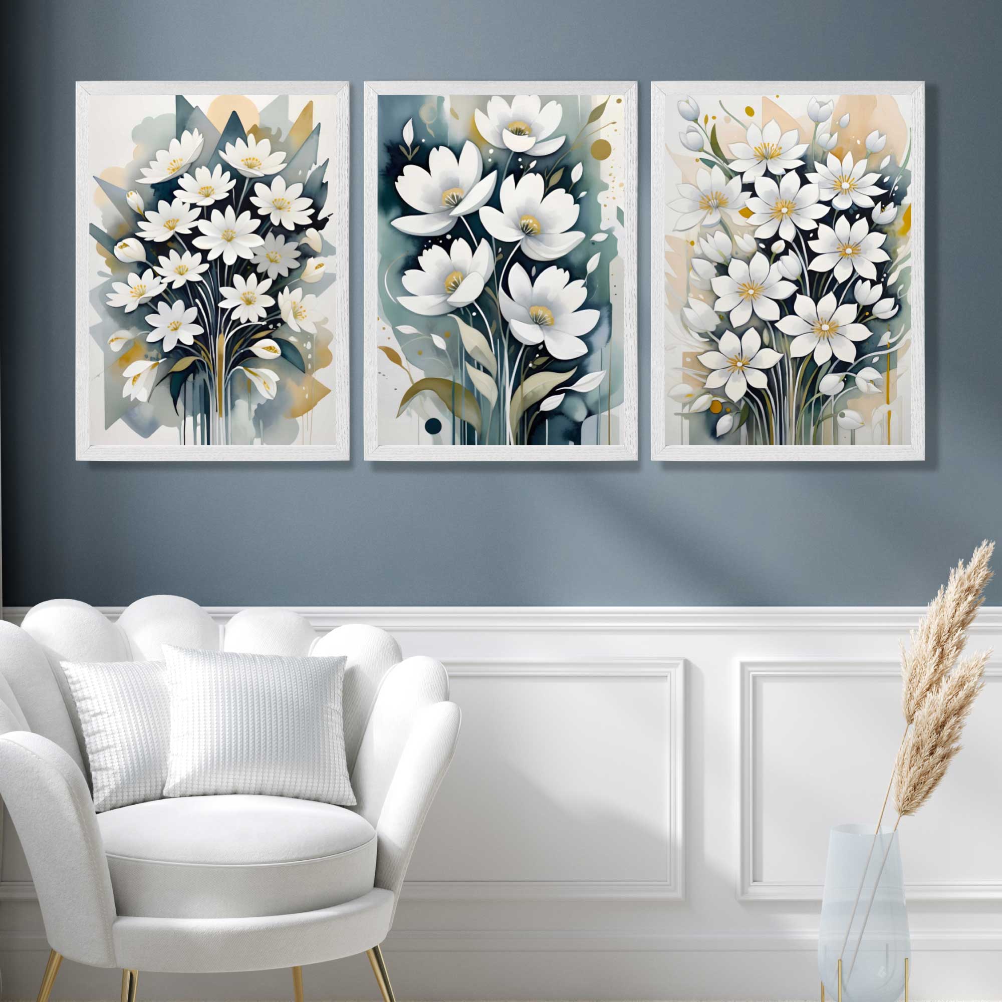 Abstract Teal Blue and White Flowers Set of 3 Art Prints in White Frames | Artze UK