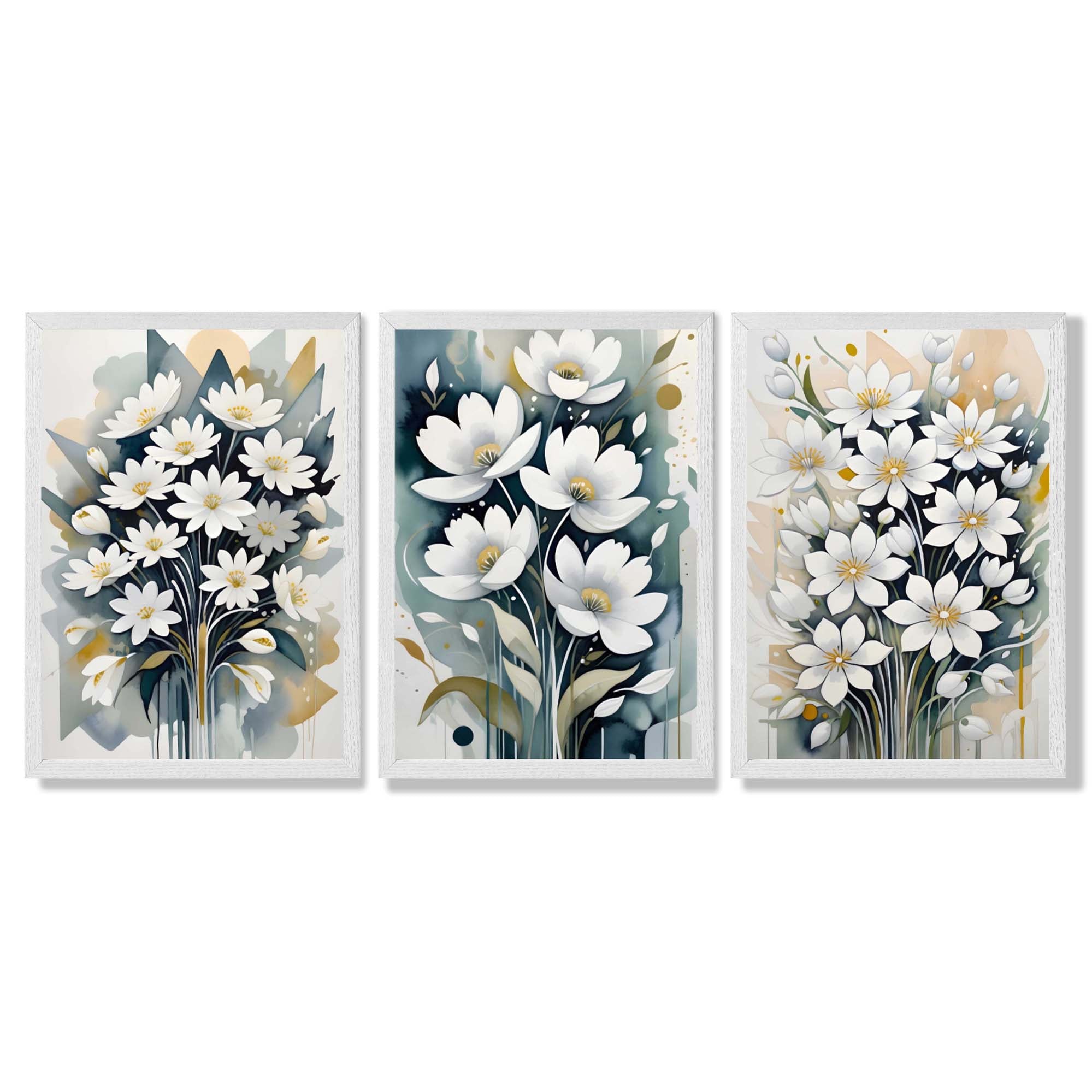 Abstract Teal Blue and White Flowers Set of 3 Framed Art Prints with White Wooden Frames