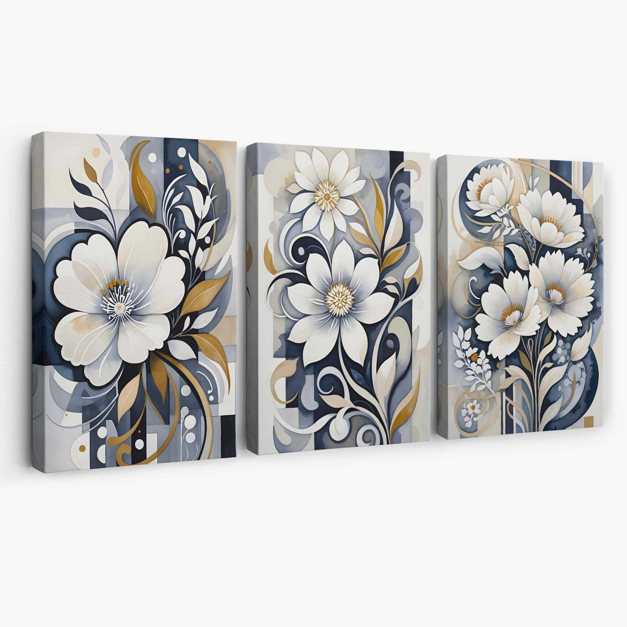 Abstract Dark Blue and White Flowers Set of 3 Canvas Art Prints | Artze Wall Art