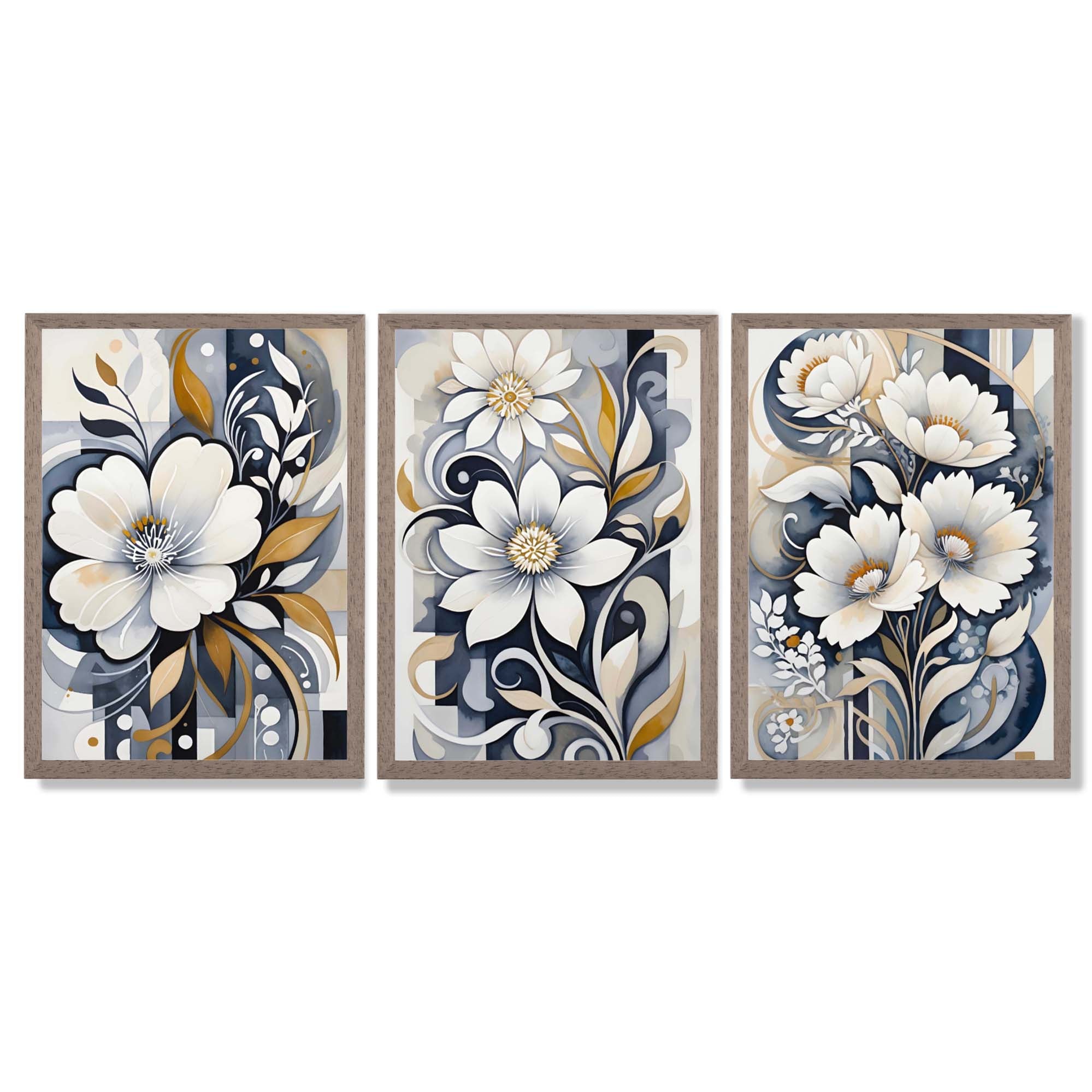 Abstract Dark Blue and White Flowers Set of 3 Framed Art Prints with Light Walnut Frames