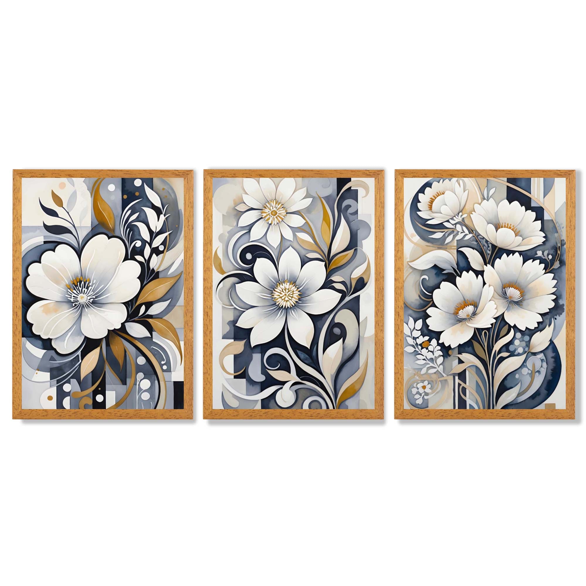 Abstract Dark Blue and White Flowers Set of 3 Framed Art Prints with Oak Wooden Frames