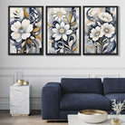 Abstract Dark Blue and White Flowers Set of 3 Art Prints in Black Frames | Artze UK
