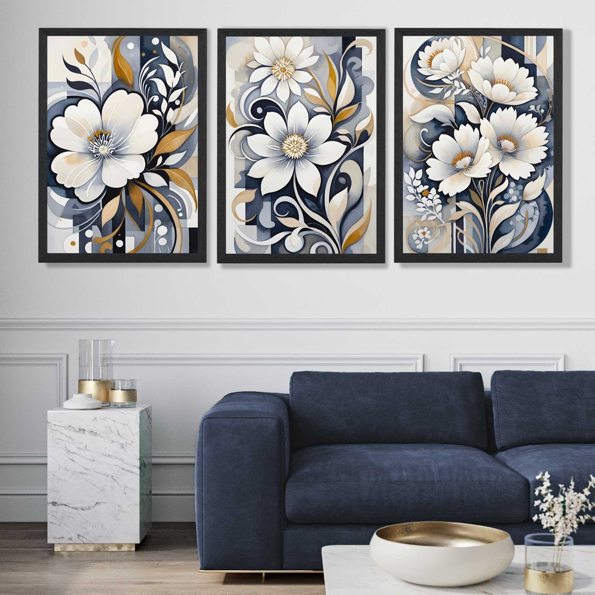 Abstract Dark Blue and White Flowers Set of 3 Art Prints in Black Frames | Artze UK