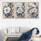 Abstract Dark Blue and White Flowers Set of 3 Art Prints in Oak Frames | Artze UK