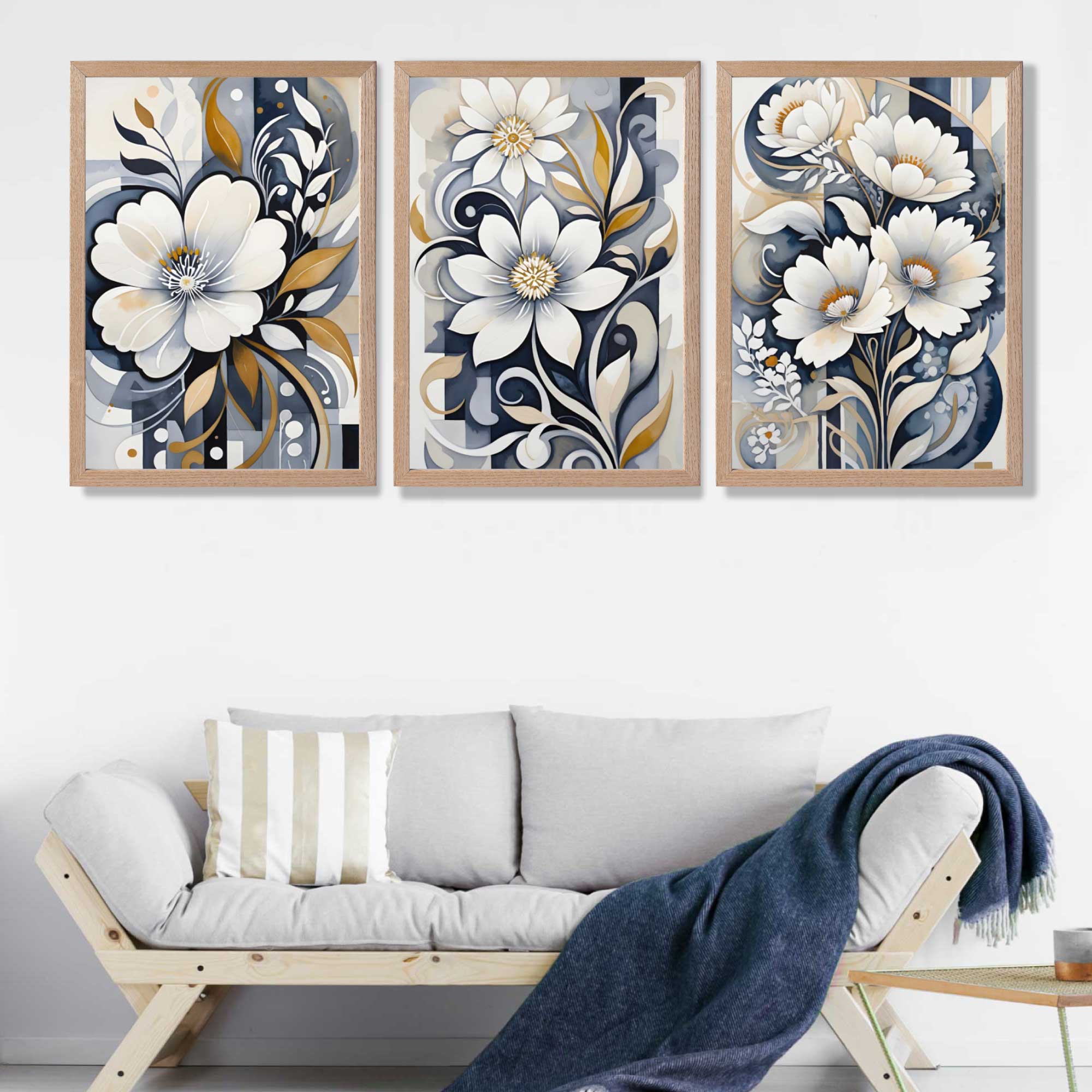 Abstract Dark Blue and White Flowers Set of 3 Art Prints in Oak Frames | Artze UK