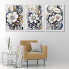 Abstract Dark Blue and White Flowers Set of 3 Art Prints in White Frames | Artze UK