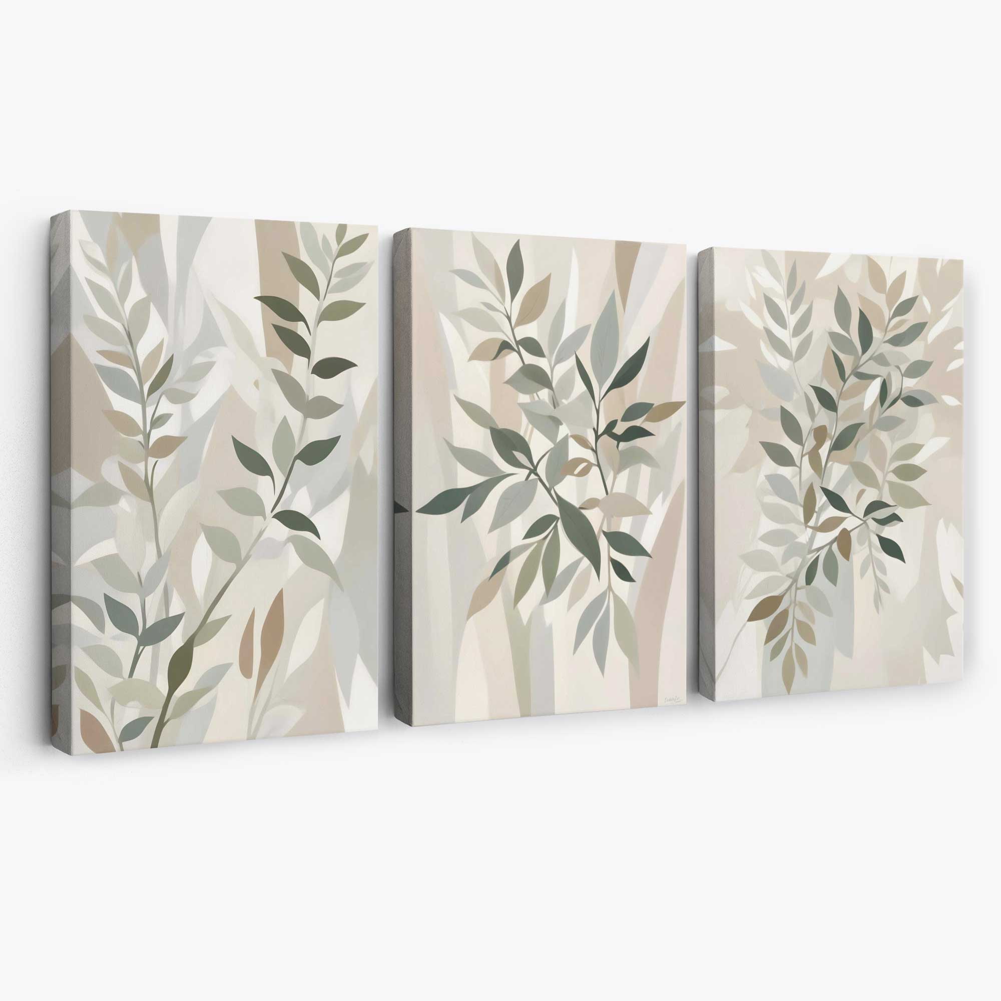 Sage Green and Beige Floral Leaves Set of 3 Canvas Art Prints | Artze Wall Art