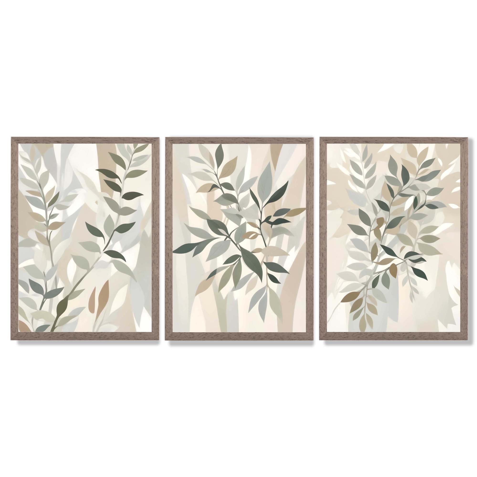 Sage Green and Beige Floral Leaves Set of 3 Framed Art Prints with Light Walnut Frames