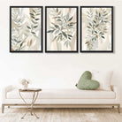 Sage Green and Beige Floral Leaves Set of 3 Art Prints in Black Frames | Artze UK