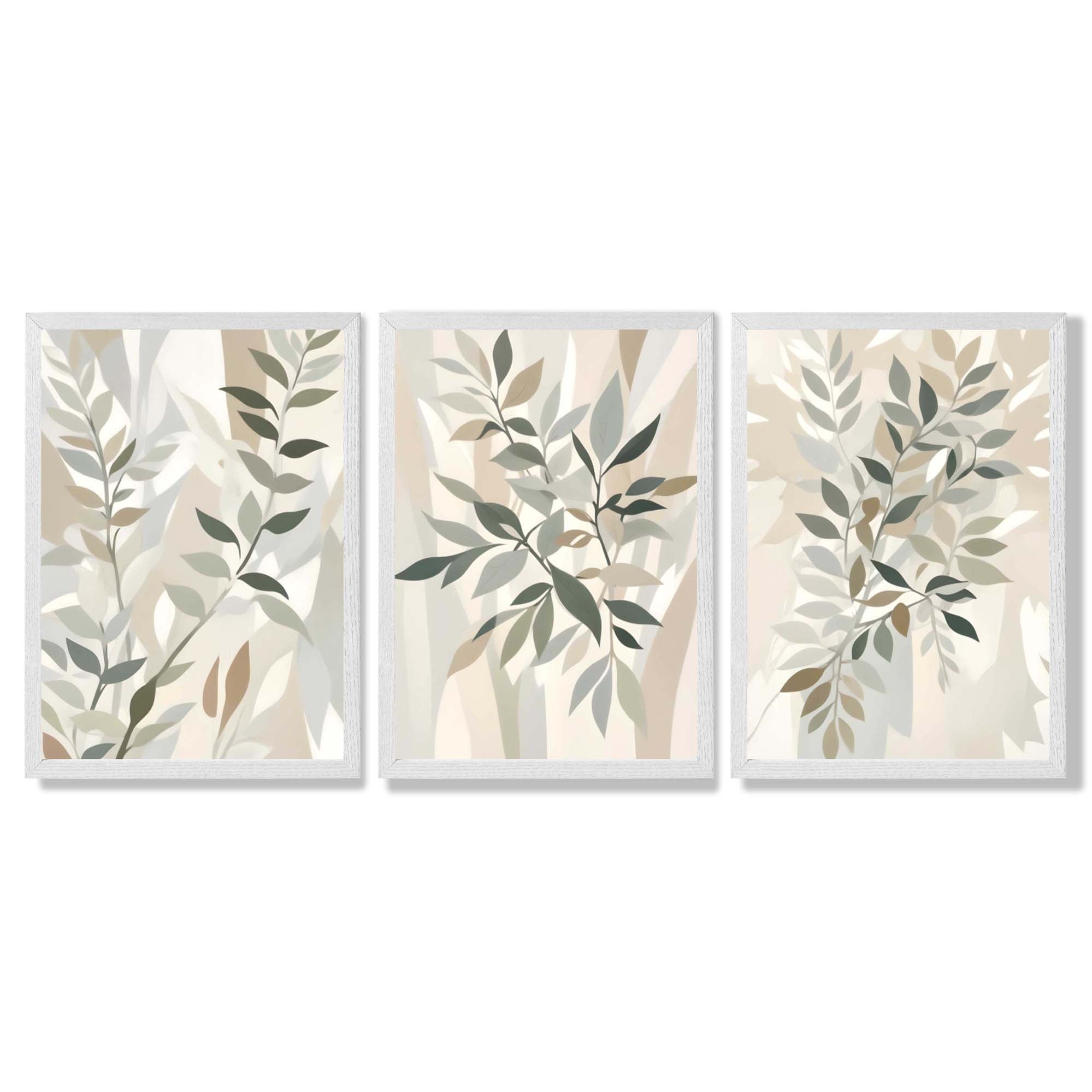 Sage Green and Beige Floral Leaves Set of 3 Framed Art Prints with White Wooden Frames