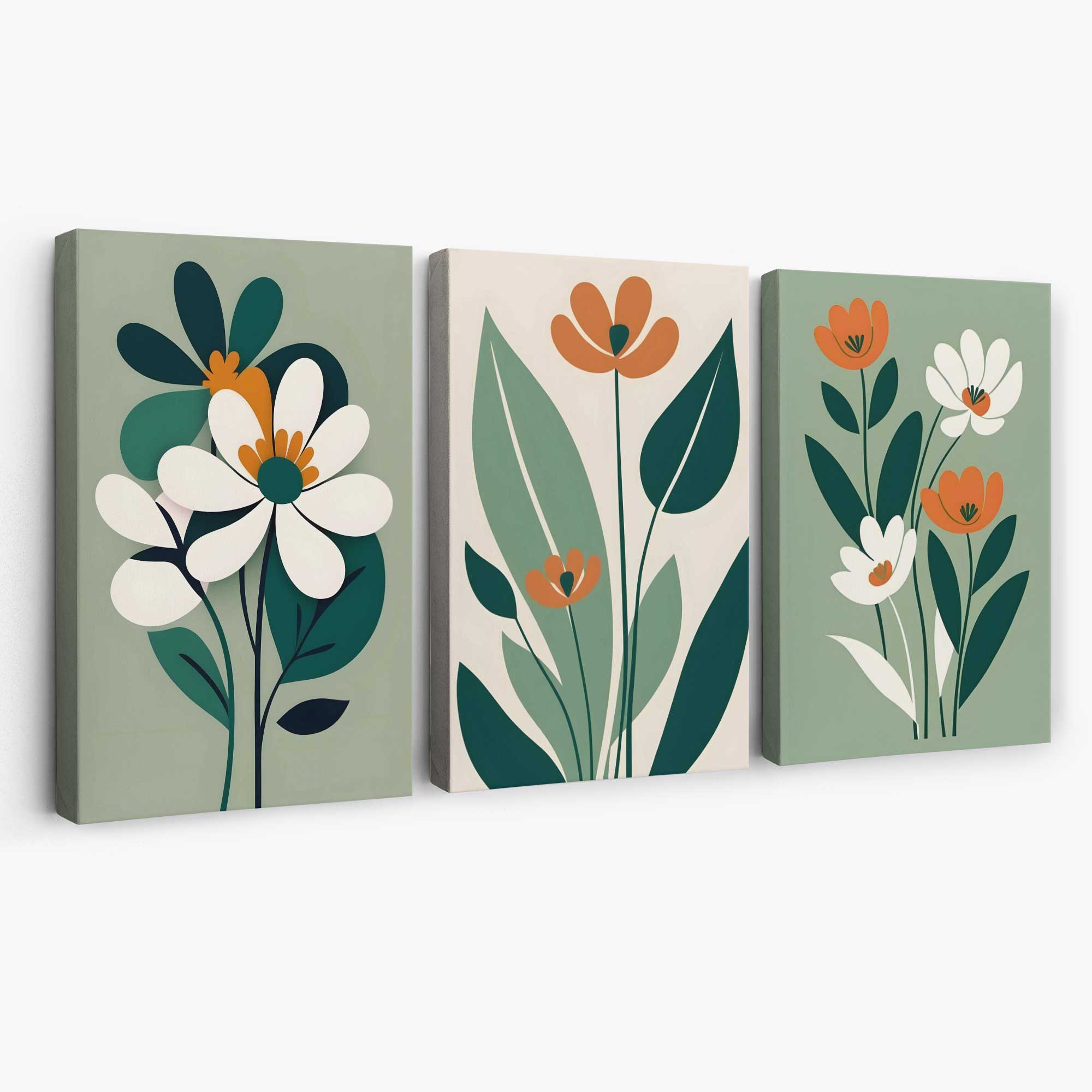 Sage Green and Cream Boho Flowers Set of 3 Canvas Art Prints | Artze Wall Art