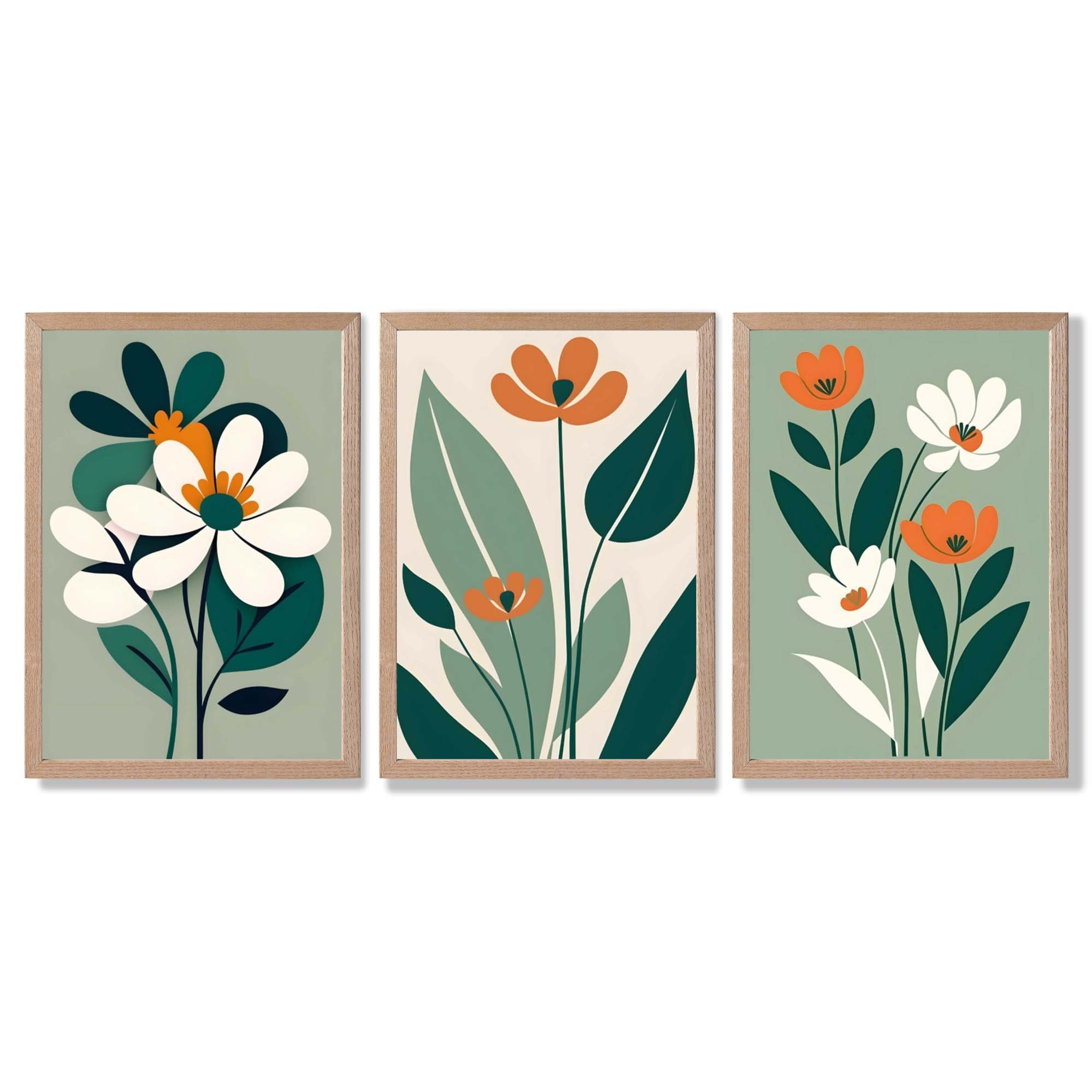Sage Green and Cream Boho Flowers Set of 3 Framed Art Prints with Light Oak Frames