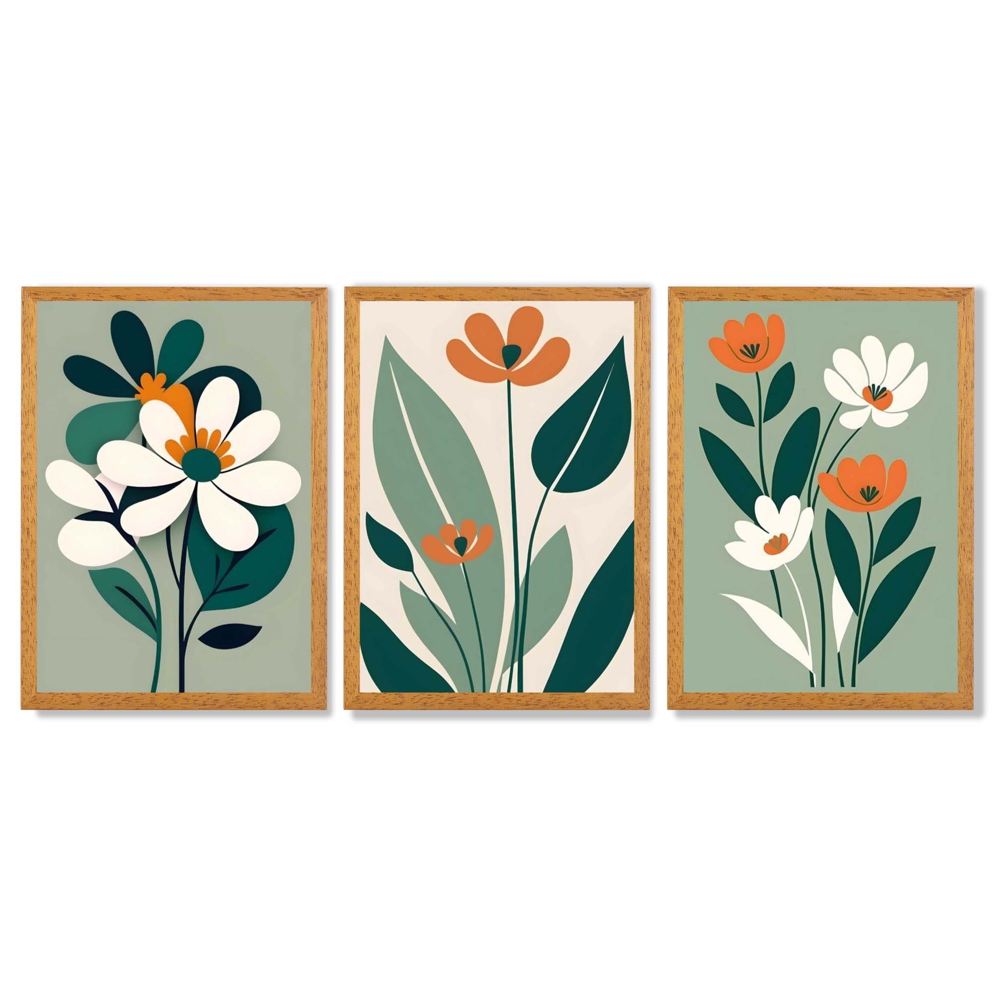 Sage Green and Cream Boho Flowers Set of 3 Framed Art Prints with Oak Wooden Frames