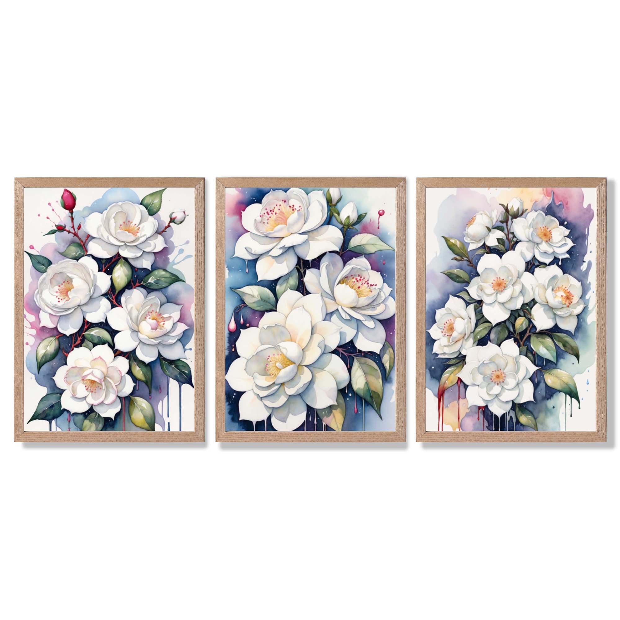 Abstract Modern Flowers Set of 3 Framed Art Prints with Light Oak Frames