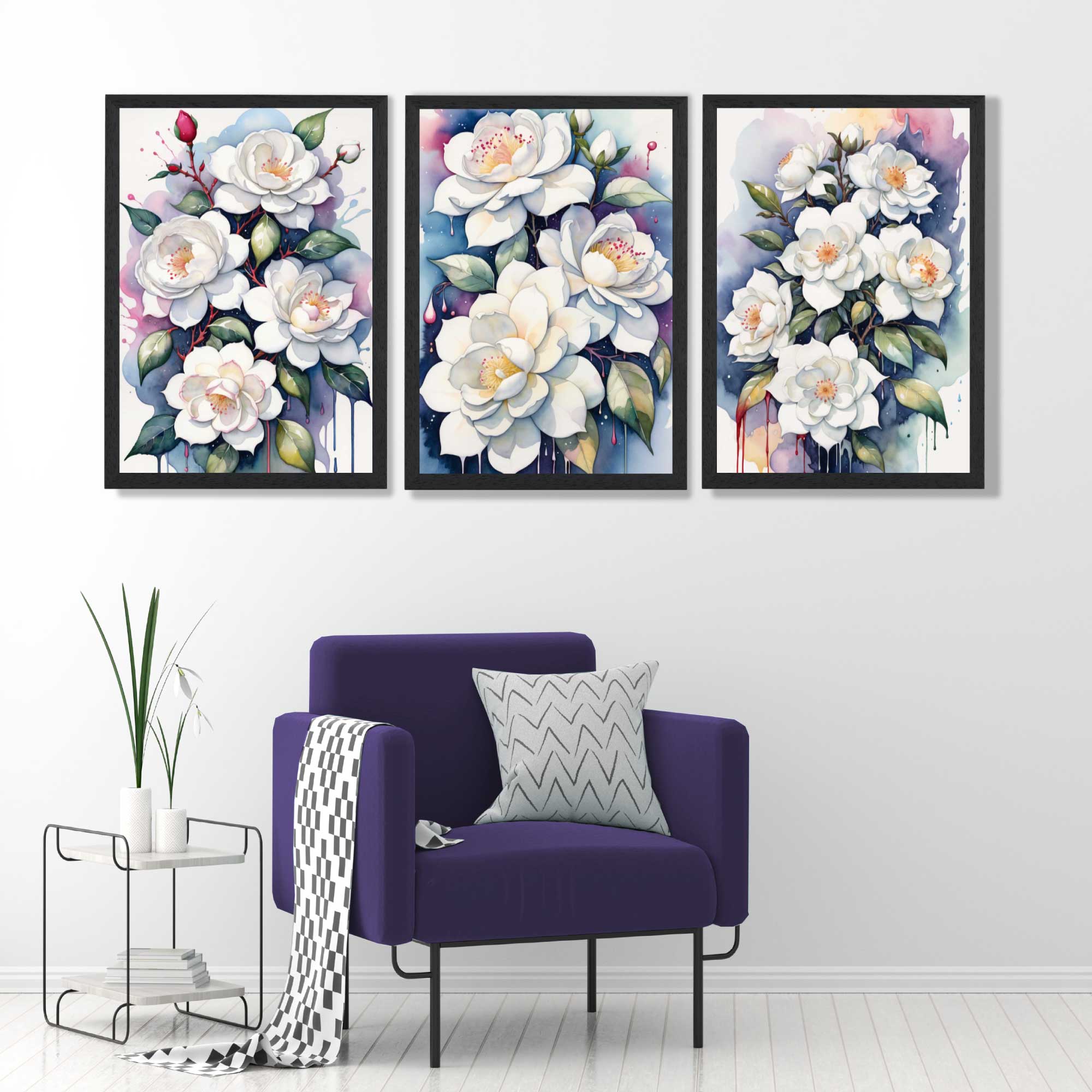 Abstract Modern Flowers Set of 3 Art Prints in Black Frames | Artze UK