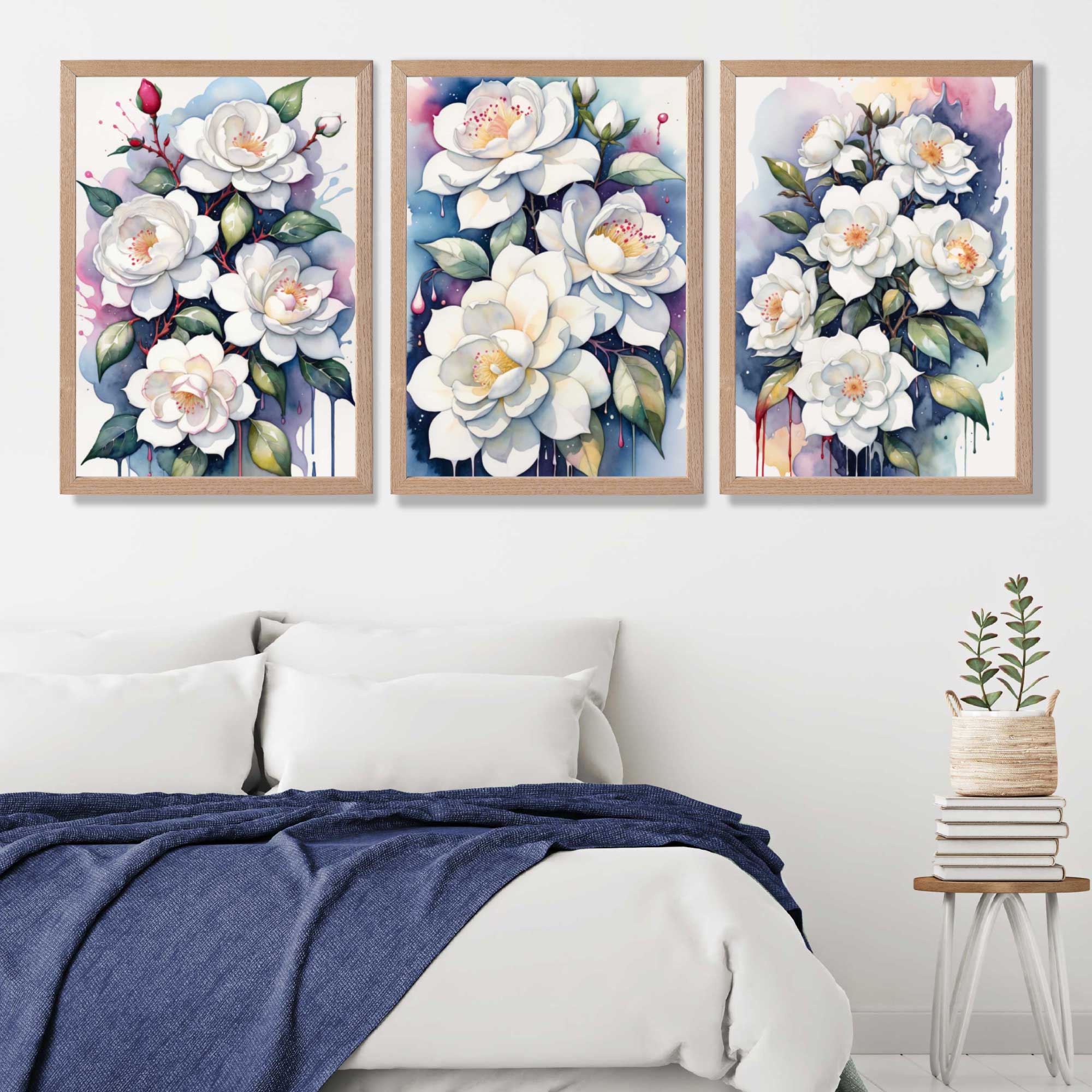 Abstract Modern Flowers Set of 3 Art Prints in Oak Frames | Artze UK