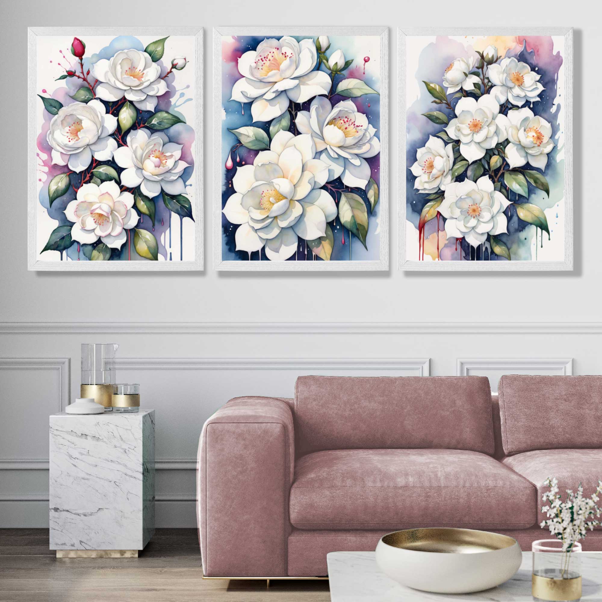 Abstract Modern Flowers Set of 3 Art Prints in White Frames | Artze UK