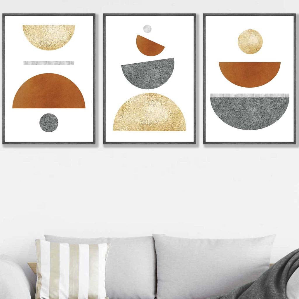 Orange, Gold and Grey Geometric Set of 3 Art Prints
