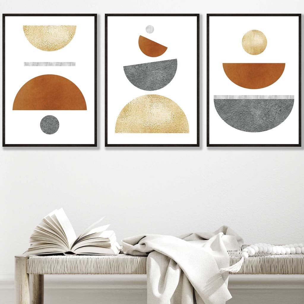 Orange, Gold and Grey Geometric Set of 3 Art Prints